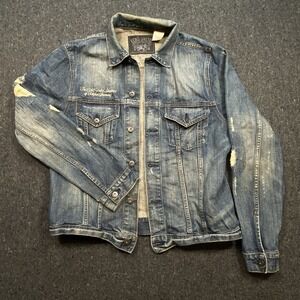 ECKO UNLTD Biker Weekend Warrior Skull Punk Denim Jacket Sz L Pockets Distressed